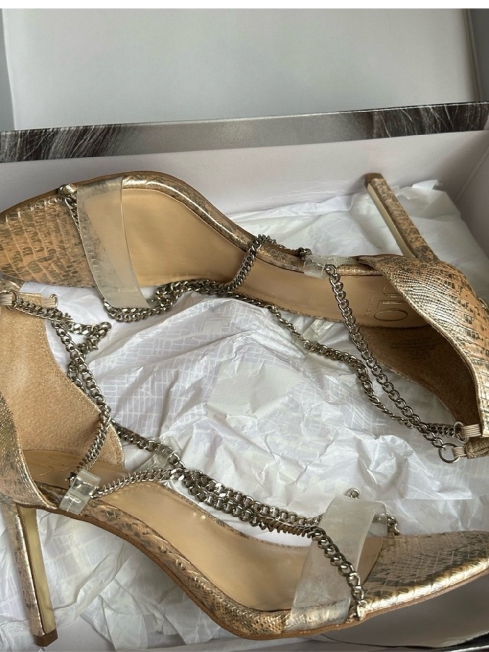 Jennifer Lopez Metallic Gold Snake-Print Chain-Strap Heels